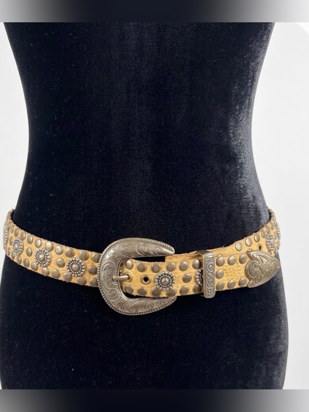 Western Studded Leather Belt with Decorative Silver Buckle - Tan